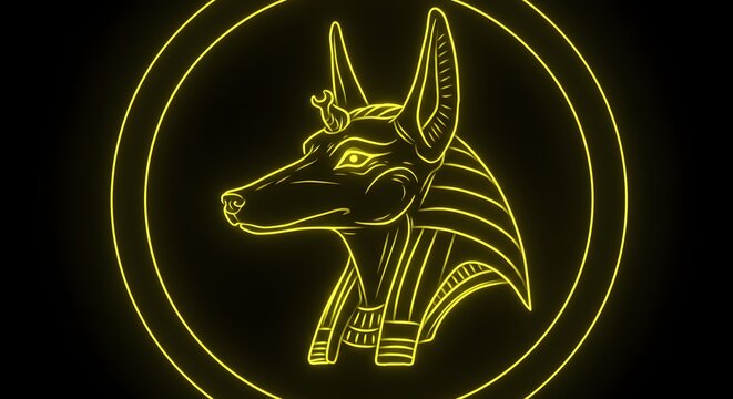 Illuminated profile of an ancient jackal-headed deity, centered in a glowing circular frame