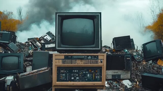 Electronic waste. Environment ecosystem pollution. Recycling. Aerial view of a large pile of old electronic devices, including televisions and other miscellaneous items.