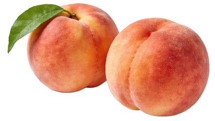 Two ripe peaches with a green leaf, showcasing their smooth, peachy skin and juicy texture. Isolated on a clean white background, highlighting the natural beauty and freshness of the fruit.
