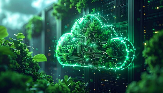 Sustainable cloud data center concept surrounded by lush green leaves and nature