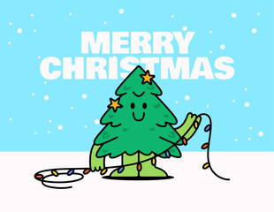 Fototapeta premium Christmas illustration featuring a smiling cartoon Christmas tree holding colorful string lights with merry christmas text on snowy winter background