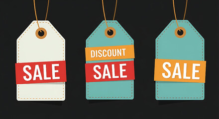 A colorful illustration of hanging sale tags on a black background