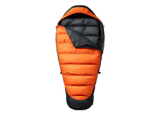 Fototapeta premium Orange sleeping bag with black interior and foot area, shown unzipped