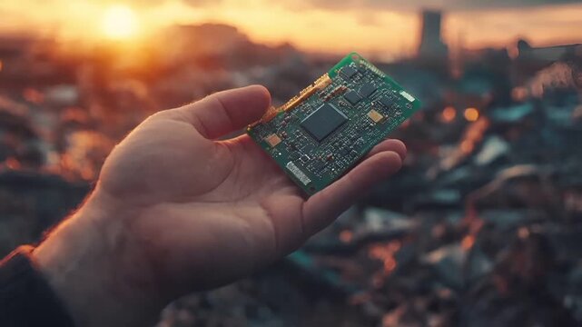 Electronic waste. Environment ecosystem pollution. Recycling. A hand holding a green circuit board against a sunset backdrop with a cityscape in the background.