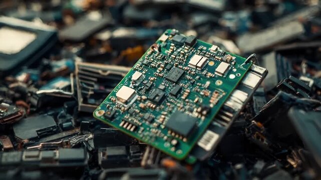 Electronic waste. Environment ecosystem pollution. Recycling. A closeup shot of a pile of electronic components, with a focus on a green circuit board in the foreground.