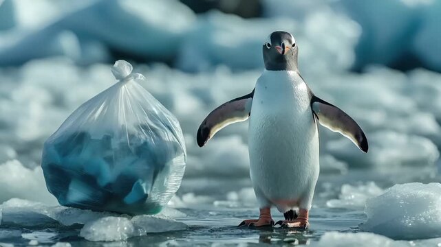 A closeup of a penguin standing on ice, with its wings spread out. The penguin is white with black and orange markings, and its head is turned slightly to the side.