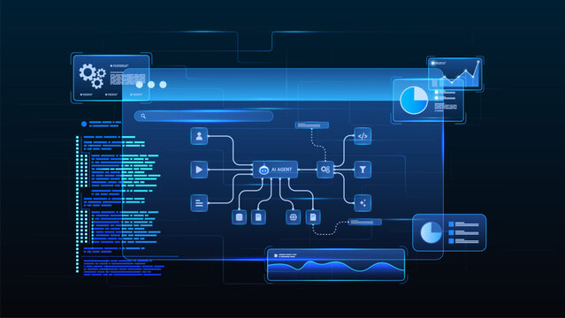 AI workflow automation artificial intelligence. ai agent workflow diagram dashboard machine learning showing Coding flow process technology, interface nodes triggers data tools.