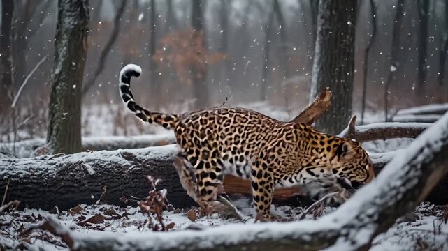 Deforestation. Environment conservation. Ecosystem. A leopard in a snowcovered forest setting. The leopard is captured in a side profile, with its head turned slightly towards the camera.