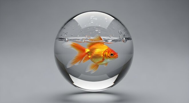 Golden fish in glass sphere against gray background creative concept