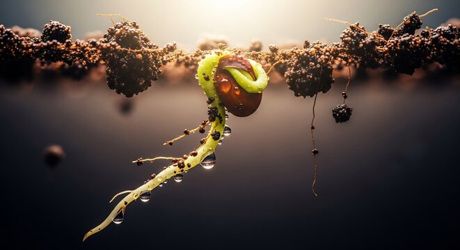 Close-up of a sprouting seed with roots and soil, lifes beginning.