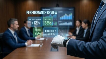 Fototapeta premium A business team reviewing performance metrics in a modern conference room with a focus on sales growth and quarterly targets.
