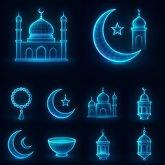 Obraz premium Futuristic Blue Hologram Islamic Icon Set with Digital Mosque Lantern Crescent Moon and Prayer Beads Glowing on Dark Background
