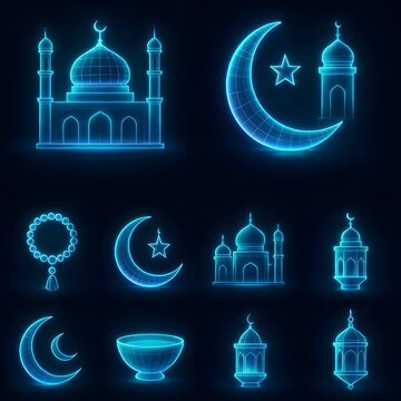 Futuristic Blue Hologram Islamic Icon Set with Digital Mosque Lantern Crescent Moon and Prayer Beads Glowing on Dark Background