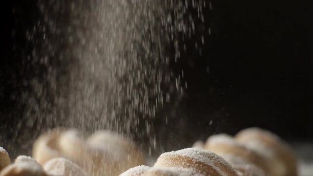 Close‑up of freshly baked bread rolls dusted with flour on a wooden table, warm kitchen atmosphere, gentle mist, front roll blurred
