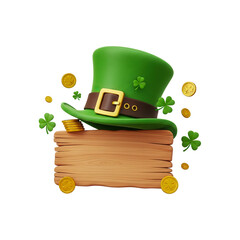 Naklejka premium Green leprechaun hat with gold coins and shamrocks on a wooden sign.