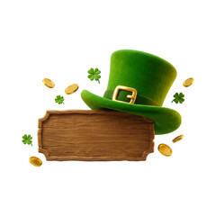 Naklejka premium Vibrant green leprechaun hat with golden buckle and blank wooden sign.