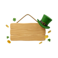 Naklejka premium Wooden sign with green leprechaun hat and gold coins for Saint Patricks Day celebration.