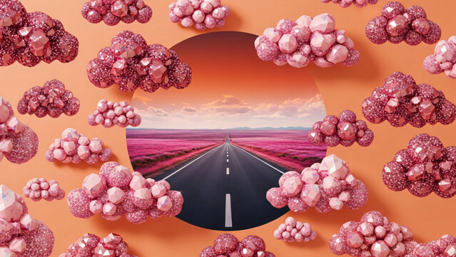 Surreal landscape with road and pink flowers from a unique aerial viewpoint