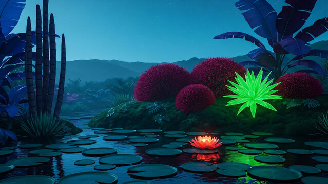 A serene surrealistic landscape with glowing plants and water lilies in a mystical pond environment viewed from a calm vantage point