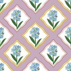 Forget-Me-Not Floral Seamless Pattern with Diamond Frames
