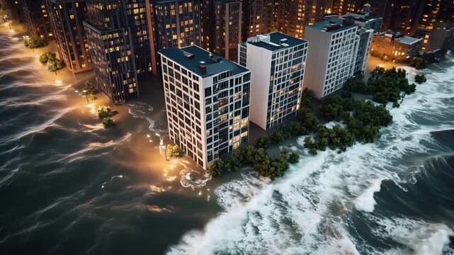 Natural disaster. Devastating loss aftermath scene. Aerial view of flooded urban area during night, with highrise buildings partially submerged in water and illuminated by streetlights.