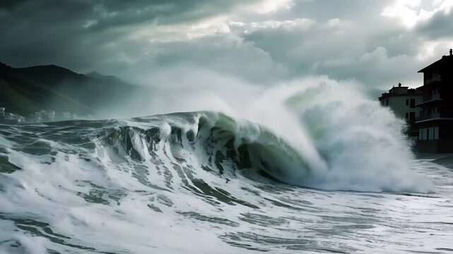 Natural disaster. Devastating loss aftermath scene. A powerful wave crashes against a coastal town, with a backdrop of mountains and a cloudy sky. The waves white foam contrasts with the dark.