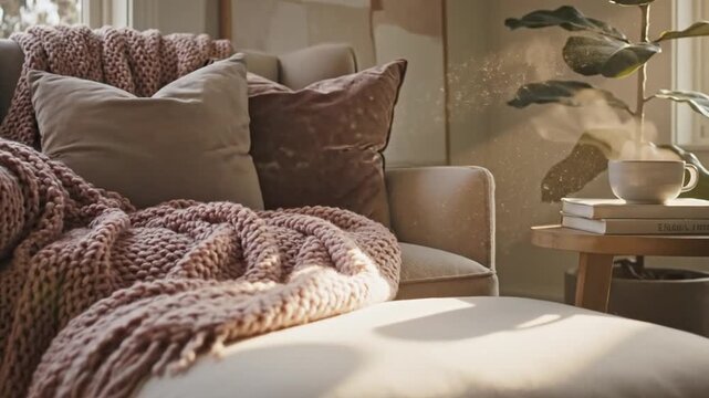 Cozy Living Room with Armchair, Blanket, and Fiddle Leaf Fig Tree