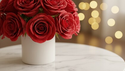 Beautiful bouquet of red roses in a white vase on a marble table with soft lighting