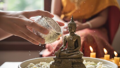 Buddhist Ritual Pouring Water Over Statue Offering Peace and Serenity