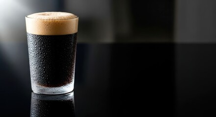 A refreshing glass of dark beer with frothy head, showcasing condensation on the surface, set against a contrasting dark background, perfect for beverage-themed designs.pub concept, copy space