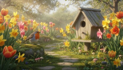 Charming Spring Garden with Birdhouse Surrounded by Colorful Tulips and Daffodils