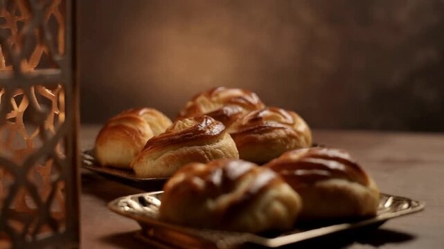 Close-up of baked bread on a gold plate, a bronze lantern glowing beside it on a wooden table, evoking a warm, cozy kitchen scene