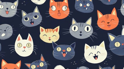 Colorful Cartoon Cat Faces on Dark Background.
