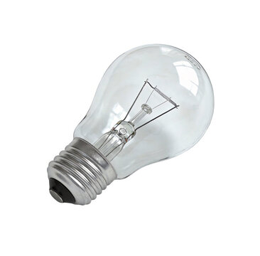Incandescent light bulb with E27 screw base. Clear glass envelope, tungsten filament, used for illumination in domestic and commercial settings. Represents traditional lighting technology.