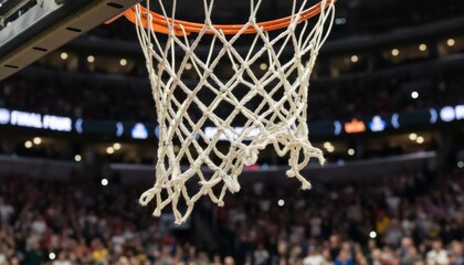 Close Up of Basketball Hoop Net with Audience in Blurred Background