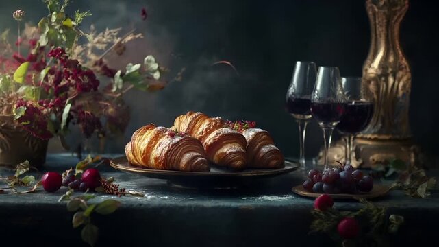 Paris, France, Europe. A still life photograph featuring a bouquet of flowers and croissants on a rustic table setting. The flowers are vibrant and varied in color, with hues of red, purple.