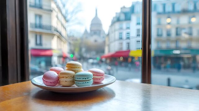 Paris, France, Europe. A closeup shot of a window sill with a plate of pastelcolored macarons on it, set against a backdrop of a city street.