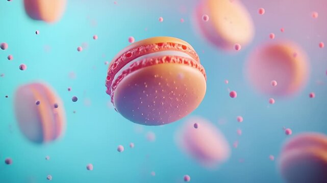 Paris, France, Europe. A closeup of a macaron floating in water with bubbles and droplets. The macaron is rendered in a realistic style with a glossy finish, and the droplets reflect light.