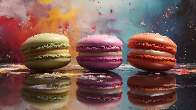Paris, France, Europe. A vivid, colorful, and artistic representation of macarons on a reflective surface.