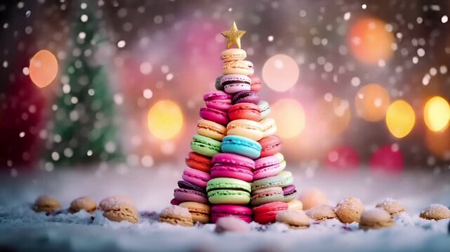 Paris, France, Europe. A Christmas tree made of colorful macarons with a golden star on top, set against a bokeh background with warm lights.