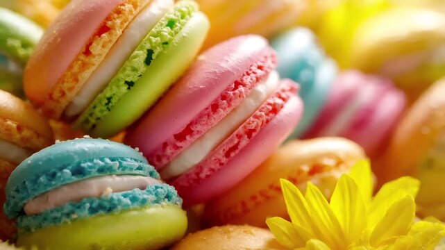 Paris, France, Europe. A closeup of a vibrant assortment of colorful macarons, with a focus on their intricate details and textures.