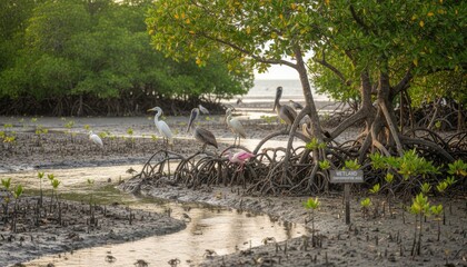 Coastal Mangrove Ecosystem with Diverse Birdlife at Low Tide
