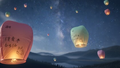 Colorful Sky Lanterns Floating in Night Sky with Stars and Mountains Silhouette