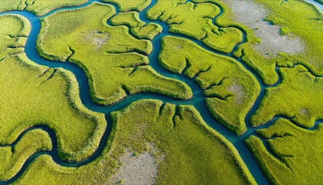 Aerial top down view of salt marsh fractal patterns for world wetlands day