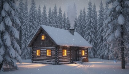 Cozy Winter Cabin in Snowy Forest Landscape with Warm Light