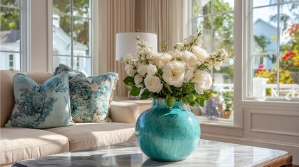Obraz premium Bright and cozy living room interior with large windows, teal vase of white roses, Charleston southern charm, stylish furniture and cheerful home decor creating inviting and happy atmosphere.