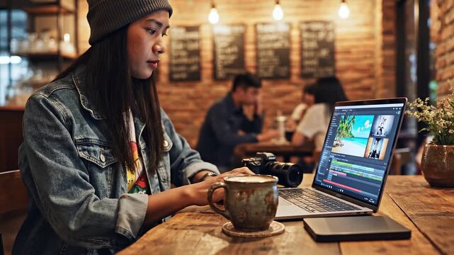 Travel content creator editing video footage on a laptop while working in a cozy cafe. Modern digital nomad lifestyle and creative workflow shown in 4K resolution.