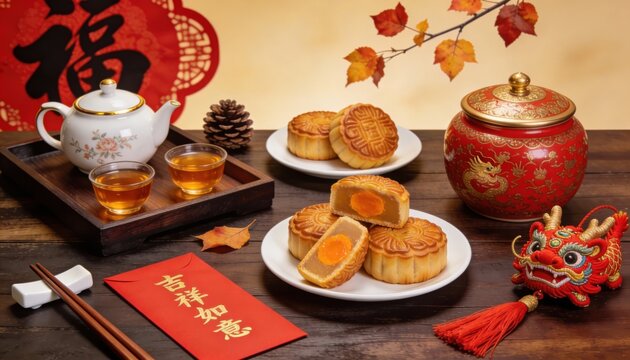 Traditional Chinese Mid-Autumn Festival celebration with mooncakes and tea