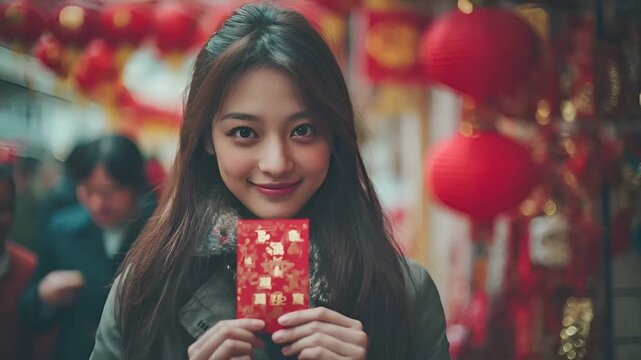 Chinese lunar new year holiday celebration. Spring festival tradition. Chunjie. Asia. A woman holding a red packet with Chinese characters in front of a vibrant red and gold backdrop.