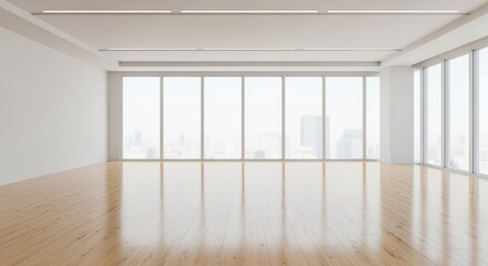 Spacious modern empty room with wood flooring and large glass windows and white wall.